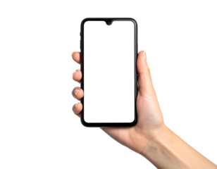 A hand, with fair skin, holds a black smartphone on a blank, dark background