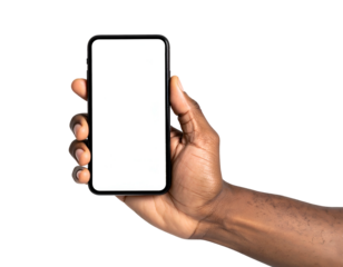 Dark-skinned hand holding up a blank smartphone with white screen against a solid black backdrop