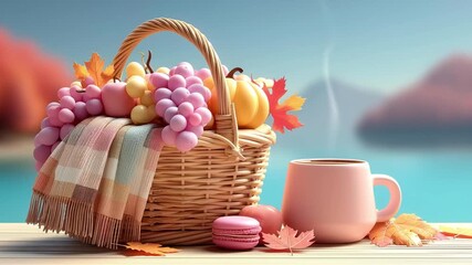 Autumn picnic composition featuring pastel basket filled with bakery, fruit, and drink surrounded by colorful cartoon leaves creating cozy scene - Powered by Adobe
