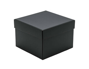 Naklejka premium A sleek, square, black cardboard box with a lid, set against a solid black background