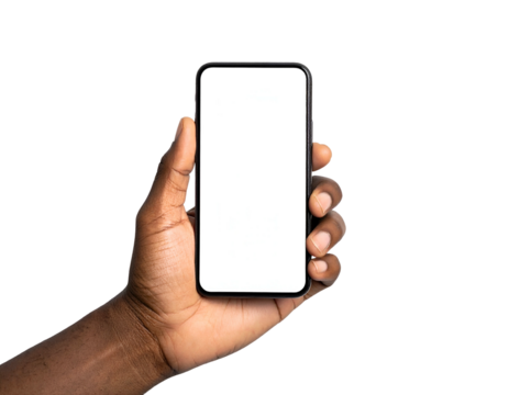Dark-skinned hand holding a smartphone with a bright white blank screen isolated - Powered by Adobe