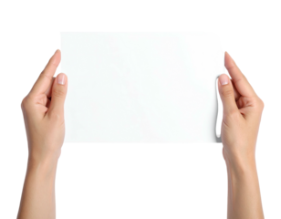 Close-up view of two hands holding a blank white sheet of paper on black backdrop