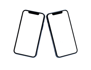 Two smartphones with blank screens angled towards each other against a solid black backdrop