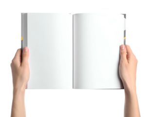 Two hands holding open a blank book against a black background