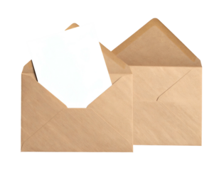 Close-up of two brown open envelopes, one containing a blank white card