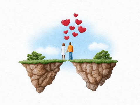 A romantic illustration of a couple holding hands on floating islands, surrounded by hearts and a clear blue sky.