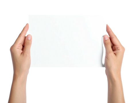Close-up view of two hands holding a blank white sheet of paper on black backdrop - Powered by Adobe