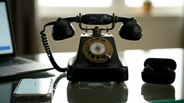 Technology evolution with a retro telephone, smartphone, laptop and wireless earbuds