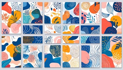 Abstract shapes, patterns, floral motifs, vibrant colors