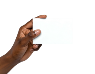 Close-up of dark-skinned hand holding a blank, rectangular white card against a black background