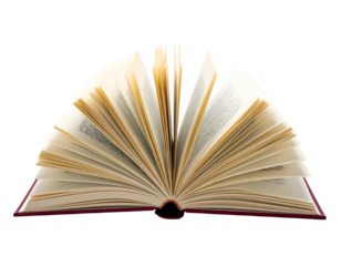 An open book, with its pages fanned out, sits on a transparent surface against a black background