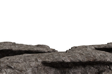 Jagged, textured dark gray rocky terrain with a central dip, casting shadows, set against an empty, deep black void above the horizon line