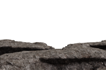 Jagged, textured dark gray rocky terrain with a central dip, casting shadows, set against an empty, deep black void above the horizon line