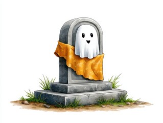 A playful ghost peeks out from behind a gravestone, adorned with a bright orange cloth, set in a grassy patch.
