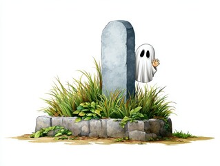 A playful ghost peeks from behind a tombstone, surrounded by lush grass and stones, adding a whimsical touch to a spooky scene.