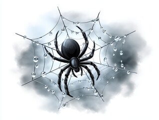 Obraz premium A detailed illustration of a black spider caught in a delicate web, adorned with glistening droplets, set against a soft, cloudy background.