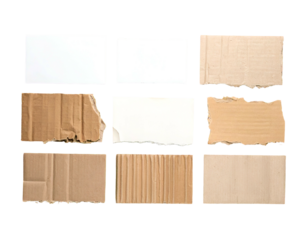 Collection of nine various pieces of cardstock and corrugated cardboard isolated on black background