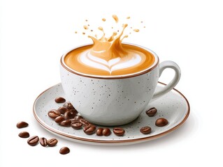 Obraz premium A stylized coffee cup with a splash of cream, surrounded by coffee beans, showcases the art of coffee preparation.