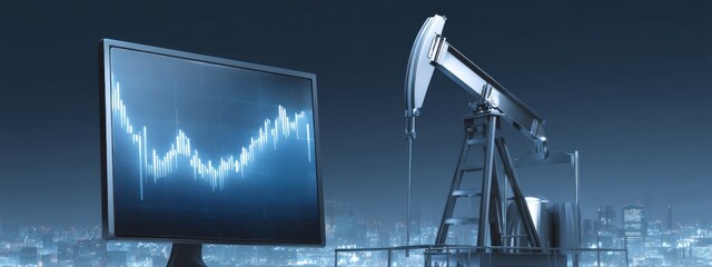 A crude oil pump operates under the evening sky, while a computer monitor shows fluctuating market data. This scene captures the intersection of technology and energy production
