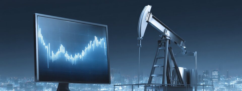 A crude oil pump operates under the evening sky, while a computer monitor shows fluctuating market data. This scene captures the intersection of technology and energy production - Powered by Adobe