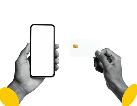 Black and white image featuring hands, phone, and card against a black background - Powered by Adobe