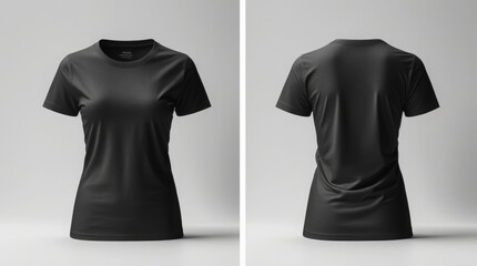  Front and back view of black women’s t-shirt mockup, smooth cotton texture, clean lighting for fashion brand display 