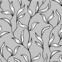 Elegant seamless black lace pattern featuring delicate leaf motifs and ornamental details. Perfect for fabric design, wallpapers, and romantic vintage-inspired projects.