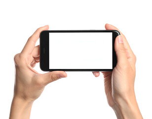 Person holding a black smartphone horizontally, blank screen against a black backdrop