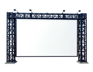 Large rectangular structure with a blank screen, supported by a black metal framework