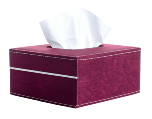 A burgundy box with a white tissue partially pulled out, set against a black background