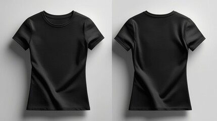  Front and back view of black women’s t-shirt mockup, smooth cotton texture, clean lighting for fashion brand display 