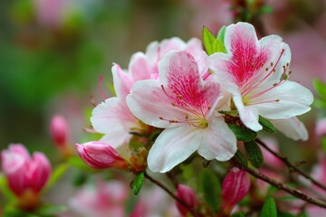 Augusta Ga. Blooming Azalea Flowers with Pink and White Blossoms on Natural Green Background
