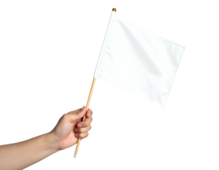 A hand holds a small, pristine white flag on a wooden stick against a black backdrop