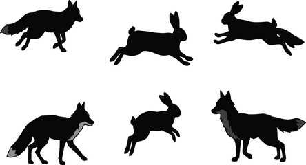 Wild animal silhouettes featuring foxes and rabbits in dynamic running and leaping poses vector illustration for wildlife, forest, nature, and outdoor themes
