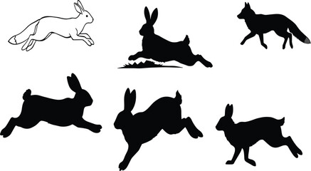 Wild animal silhouettes featuring rabbits and fox in dynamic running and leaping poses vector illustration for wildlife, forest, outdoor, and nature themes