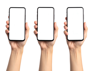 Three hands display blank-screen smartphones against a black background