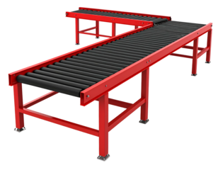 Isometric view of a red metal conveyor system with black rollers, forming a T-shape