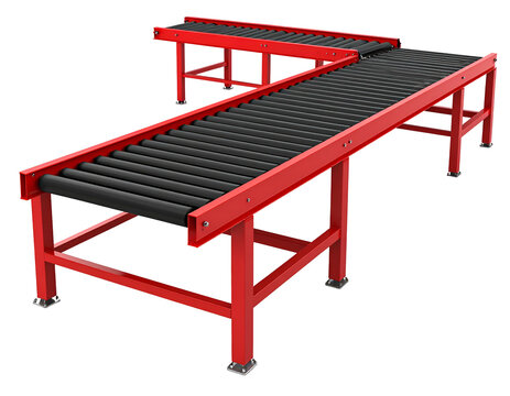 Isometric view of a red metal conveyor system with black rollers, forming a T-shape