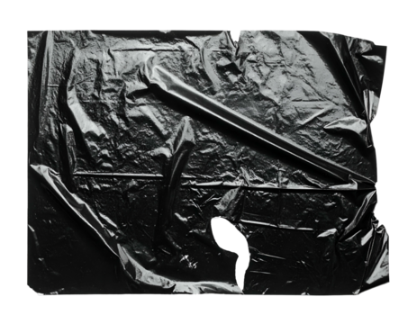 A crumpled black plastic sheet against a plain backdrop, reflecting light with crinkled textures