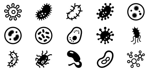Bacteria and virus icon set on white background. Collection of microbe and germ shapes for health, infection, and science concepts. Ideal for medical, biology, and laboratory vector design.