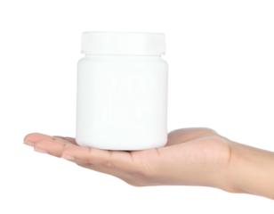 A white pill bottle rests in an open hand against a transparent background