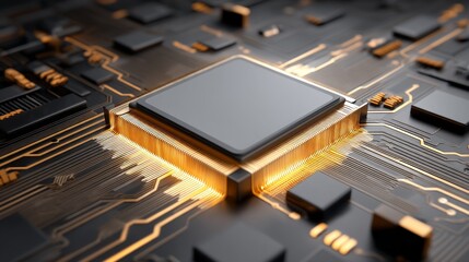 In a close-up view, the bright, intricate circuit board showcases a sleek computer chip at its center, processing data and highlighting technological advancement