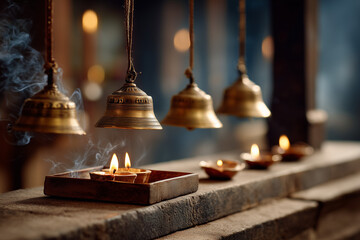 Obraz premium Cinematic motion video of temple bells and glowing diyas symbolizing Diwali spirituality.
