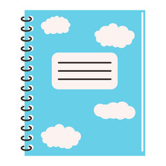 Notebook isolated on white background. Stationery blue element with clouds. Education, school. Vector illustration