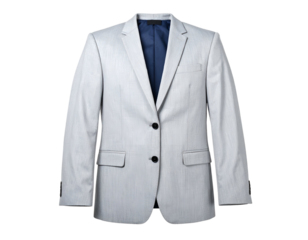 A light-grey suit jacket with a contrasting navy-blue interior, isolated on a black background