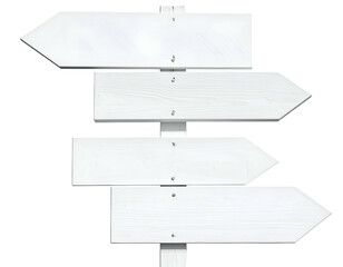 Obraz premium Four white directional signs, stacked vertically with arrow pointers, on a transparent background