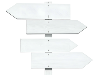 Four white directional signs, stacked vertically with arrow pointers, on a transparent background