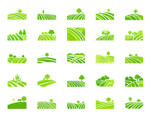 Collection of abstract, bright green, landscape icons featuring rolling hills and trees