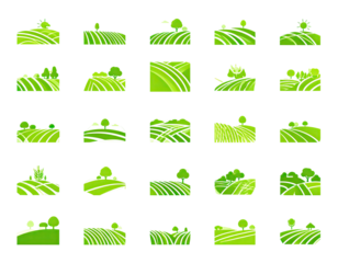Collection of abstract, bright green, landscape icons featuring rolling hills and trees