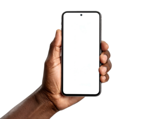 Hand holding a smartphone with a blank white screen, isolated on black background